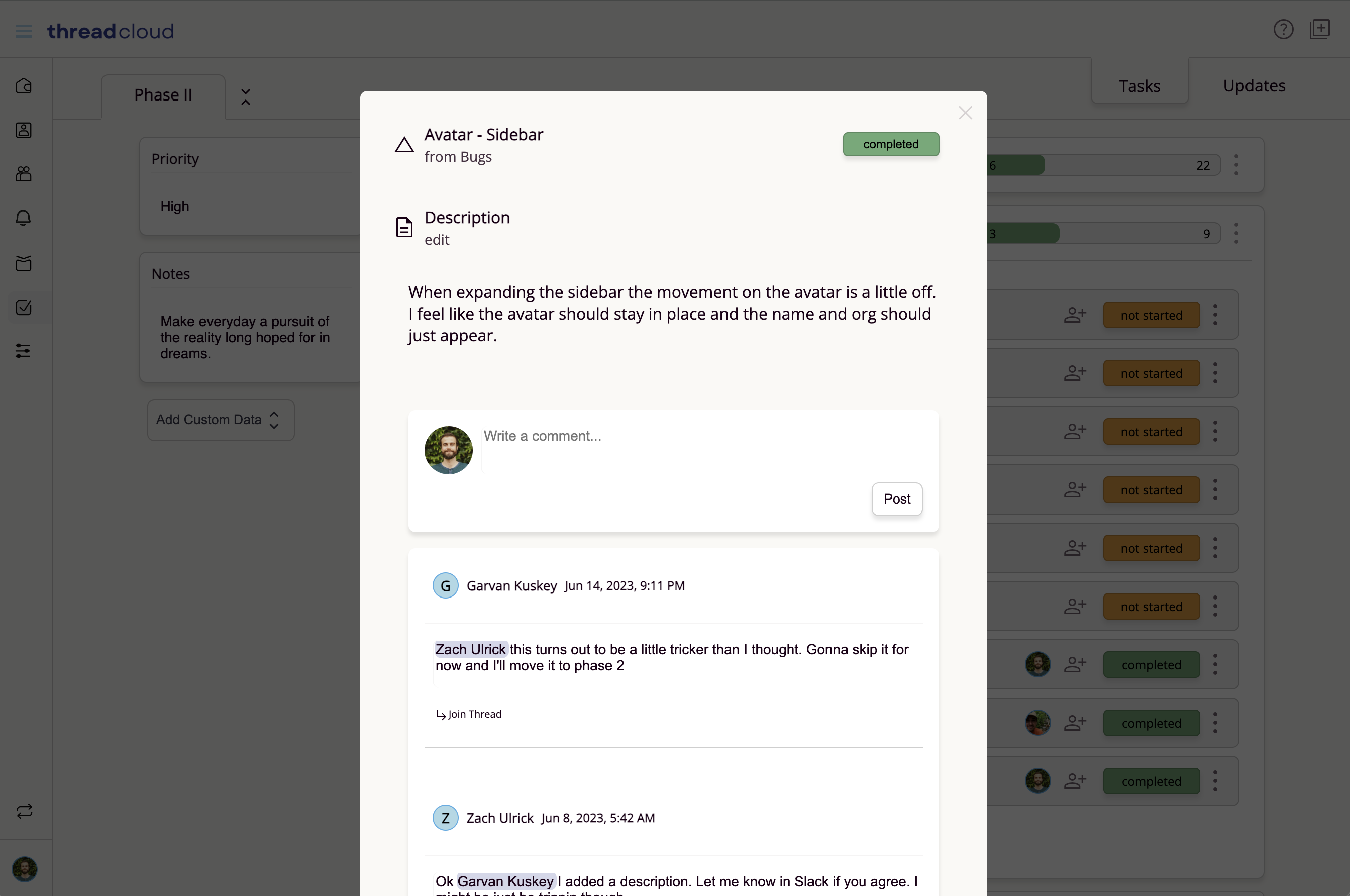 ThreadCloud Task Screen